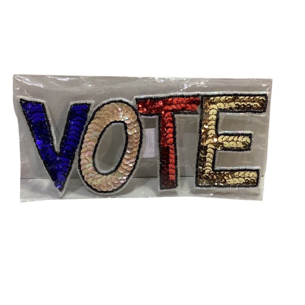 VOTE Sequin Fabric Embroidered Patch 8" X 4" Multi Color Sewn On New